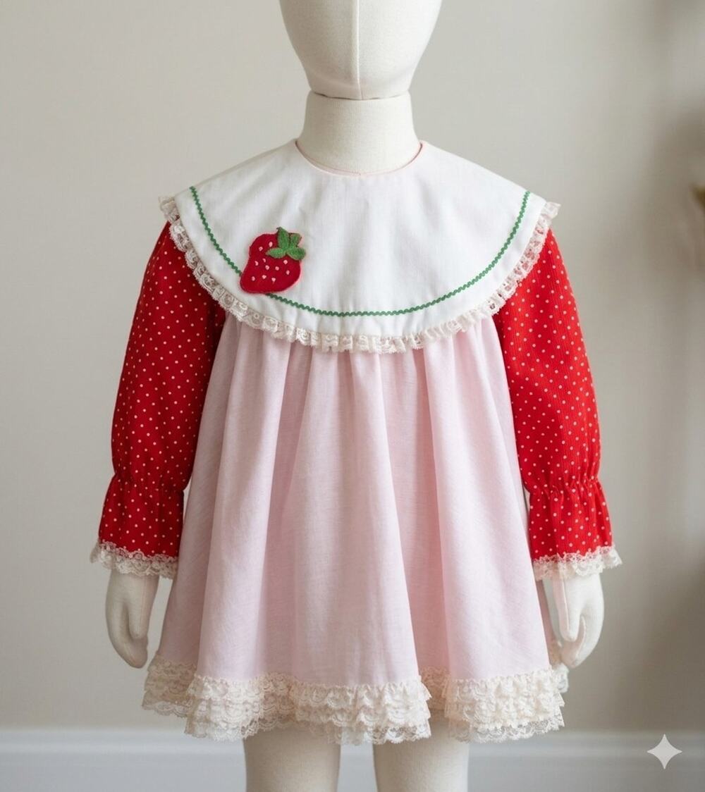 Vintage Mini World Girls Size 3 Strawberry Pinafore Dress Red Polka Dot 1970's
